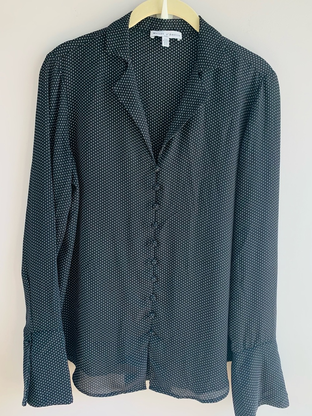 Maison d'Amelie Blouse Black White Mini Polka Dot Button Front Split Cuff EUC XS